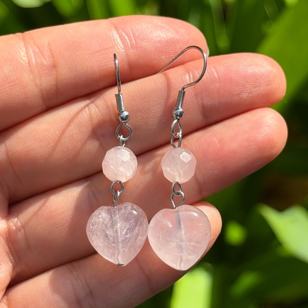 Stainless steel rose quartz heart drop earrings 0453